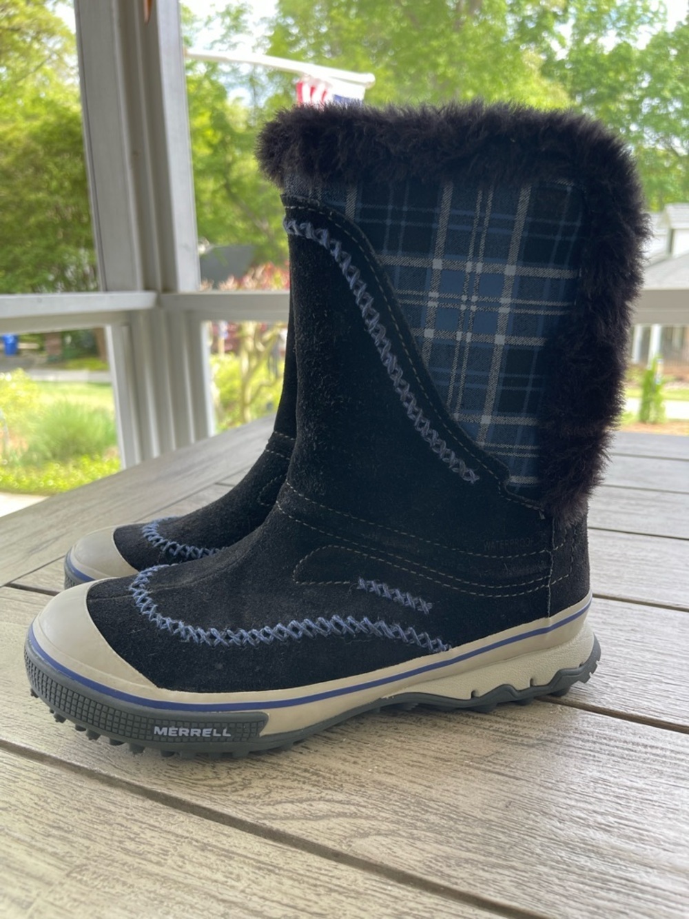 Merrell Pixie Black Suede Plaid-Trim Waterproof Boots Womens Size 9.5
